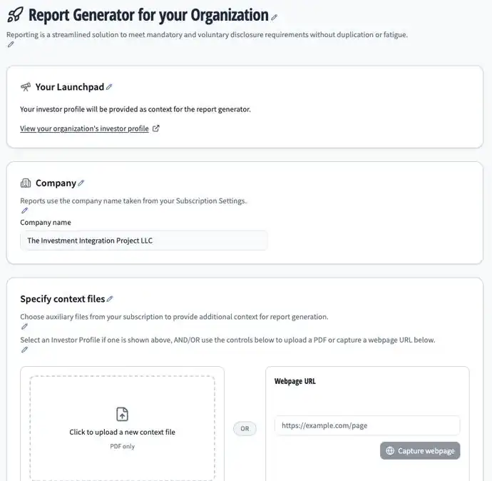 SAIL Reporting screen: the Report Generator for your organization, using your Launchpad profile and context files